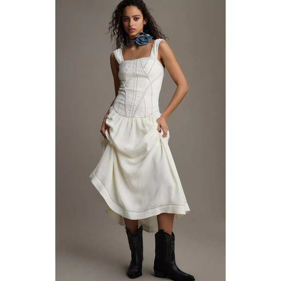 anthropologie white corset dress V-Neck Corset Midi Shirt Dress